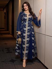 Layrah Robe longue en organza à manches longues avec insert plissé, coupe ample avec ceinture à la taille, col V, broderie élégante, style arabe et turc, pour femmes grandes tailles - Bleu marine - Voir 6