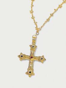 Glisma 18K 镀金 1 件项链，适合派对、休闲、音乐会/节日、夜总会、可爱、奢华纹理、金属、水钻、十字设计、婚礼、节日、度假、露营、花链、Y2K/妈妈/女士/女孩/秋季/秋季/冬季/节日/假日/度假/老钱/万圣节 - 金色 - 查看 3