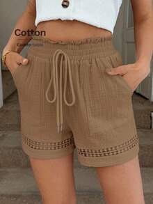 Easowa Quần short nữ màu kaki phối vải cotton, cạp chun, thích hợp cho mùa xuân/hè. - màu nâu - Xem 3