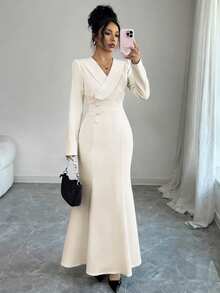 Elenzga 女士优雅不对称翻领纽扣腰部喇叭下摆长袖连衣裙，适合休闲、通勤、现代都市、度假、下午茶、圣诞节、正式派对等场合 - 杏色 - 查看 8