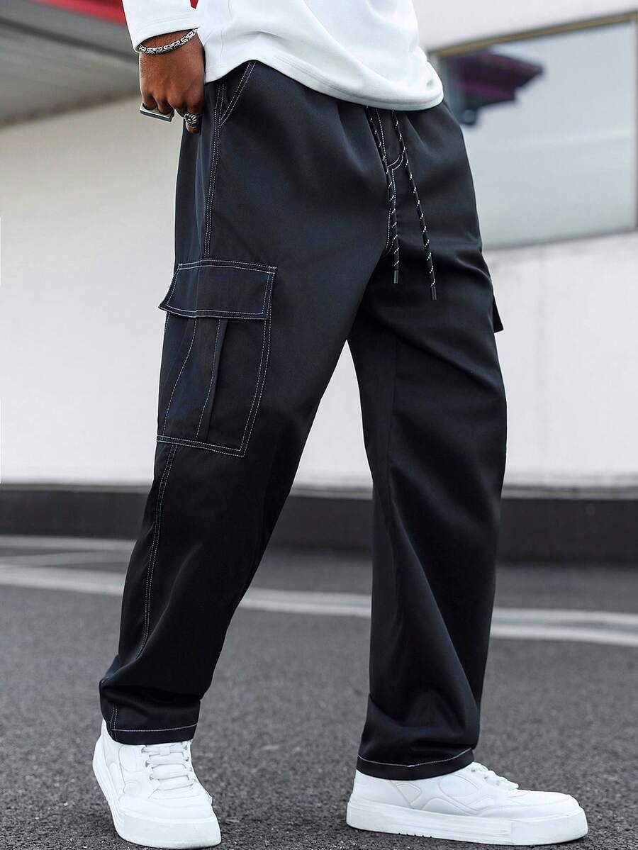 Manfinity Homme 男士休闲抽绳腰带翻盖口袋裤 男士工装裤 男士街头风裤 宽松工装裤 黑色工装裤 - 黑色 - 查看 1
