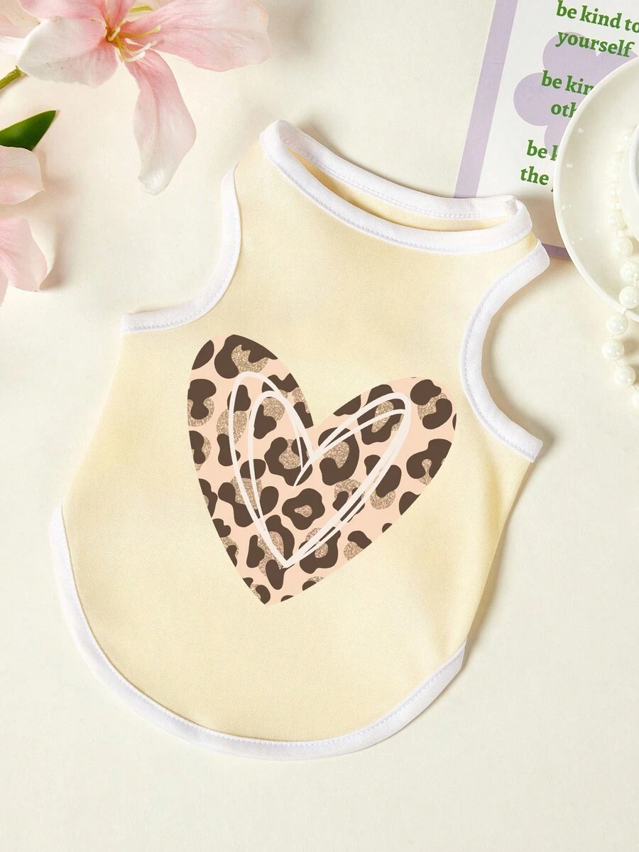 PETSIN 1件豹纹爱心印花宠物背心，透气亲肤，米色