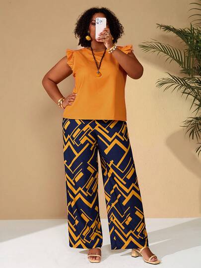 EMERY ROSE Plus Size Women Solid Color Round Neck Cap Sleeve Top And Pocket Wide Leg Pants Casual Outfit For Summer/ Vacation Summer Outfits Summer Clothes  Spring  Spring Outfit Women Spring Clothes Beach Vacation Outfits For Women Bohemian