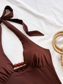 Soleia Bộ đồ đi nghỉ mát 2 món dành cho nữ: Áo croptop buộc dây cổ màu nâu dệt kim và quần short cạp cao kẻ sọc nhiều màu sắc kiểu vintage, trang phục thường ngày cho bãi biển, du thuyền, du lịch đường bộ, lễ hội âm nhạc, tiệc tùng, phong cách Boho, Hippie, phương Tây, có thể mặc trong nhà hoặc ngoài trời, phù hợp cho mọi mùa, đi làm hàng ngày. - Nhiều màu - Xem 7