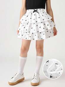 SHEIN Girls Casual Layered Polka Dot Bow Print Ruffle Fabric Skirt, Suitable For Vacation & Leisure Wear - White - View 8