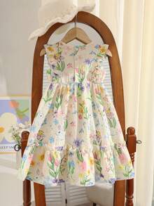 Young Girls Elegant Dress For Spring/Summer, Front Panel With Solid Yellow Color 3D Bow Decor, Cap Sleeve With Crinkle Texture Fabric, Waist Cinched, Cute Rabbit Digital Print Patchwork Hem Cake Dress, Suitable For Cute, Elegant, Comfortable Wear For Girls, Daily, School, Vacation