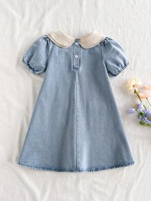 SHEIN 女童牛仔布连衣裙，花卉刺绣图案，乡村风格，时尚优雅，适合春、夏、秋过渡季节穿着 - 淺藍色 - 查看 2