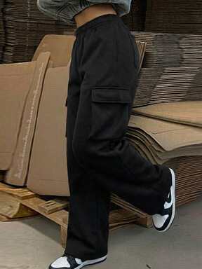 SHEIN Tween Girls' Casual Knitted Patch Pocket Overalls Style Sweatpants, Autumn/Winter