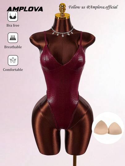 Amplova Women's Snake Skin Texture Glossy Coated Bustier Bodysuit, Sexy & Avant-Garde Alligator Skin Print Bodysuit Wine Red Bodysuit