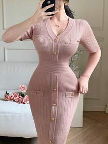 DAZY 女士优雅纯色V领纽扣假口袋针织毛衣连衣裙，春夏款，婚礼宾客礼服 - 粉色 - 查看 10
