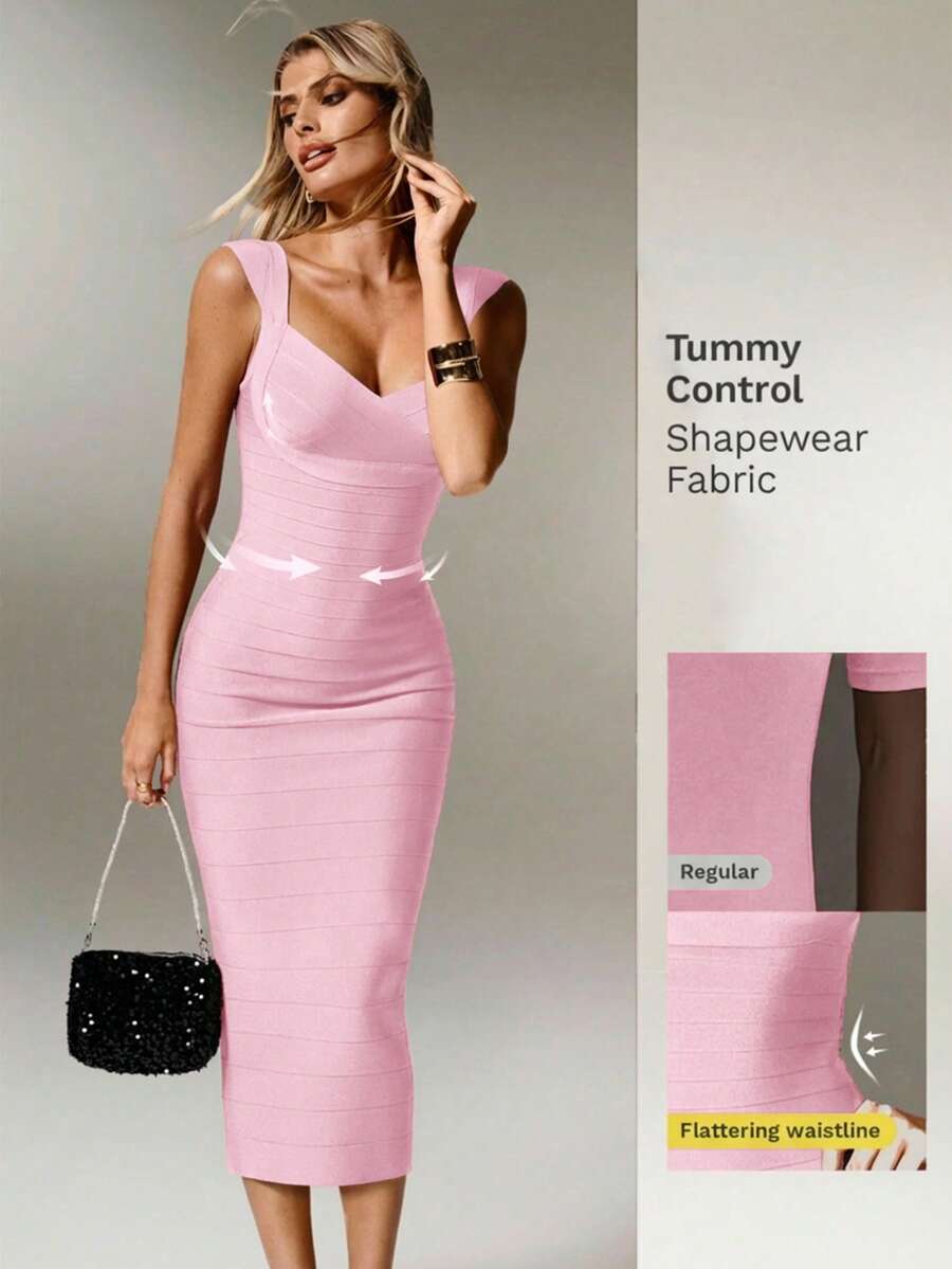 Nuvra Women's Fitted Waist Ribbed Knit Burgundy Midi Bodycon Party Dress - Baby Pink - View 1