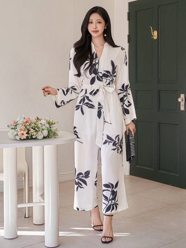 Women's Elegant Floral Print Jumpsuit With Waist Belt, Spring/Summer, Wedding Guest Dress Women Jumpsuit