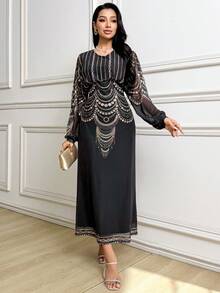 Al Najma 女士V领印花优雅长袖阿拉伯连衣裙 - 黑色 - 查看 5