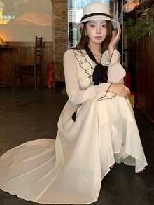 DAZY Đầm midi nữ kiểu dáng thường ngày, xếp ly, buộc dây, thích hợp cho tiệc tùng, sinh nhật, kiểu dáng mùa hè tươi trẻ. - Màu be - Xem 1