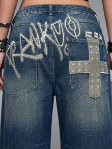ROMWE Grunge Punk Quần jeans nữ ống rộng cạp thấp rách rưới, thêu chữ và chữ thập phong cách Y2K Chidery. - Màu xanh lam - Xem 3