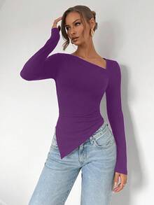 SHEIN PETITE 女式纯色长袖修身不对称下摆 T 恤 - 紫色 - 查看 4