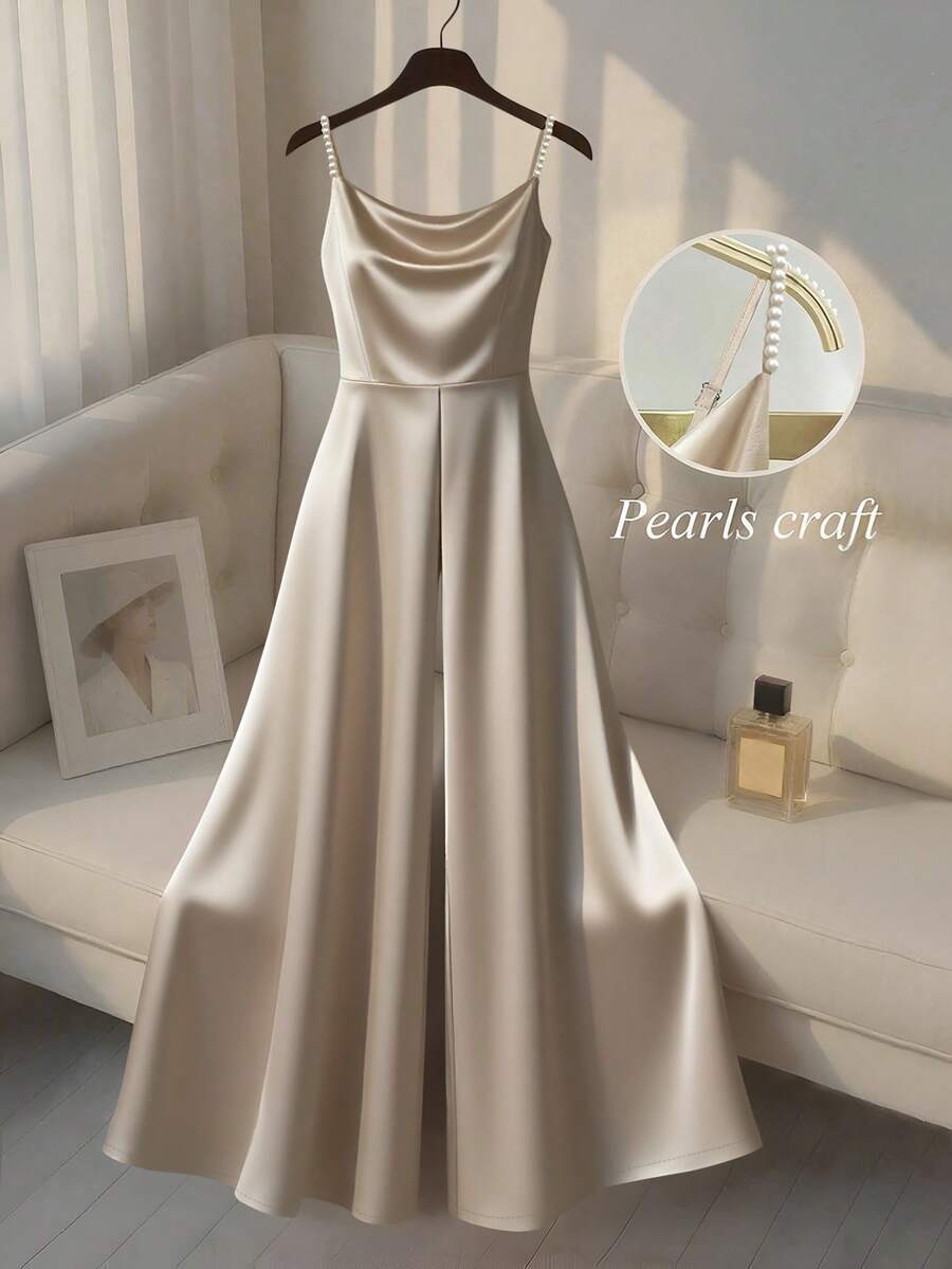 Franclia Minimalist Sleeveless Studded Jumpsuit For Women,Elegant Summer Beige Satin Dress,Champagne Formal Dining Pearl Dress,Classy Ivory White Silk Dress - Apricot - View 1