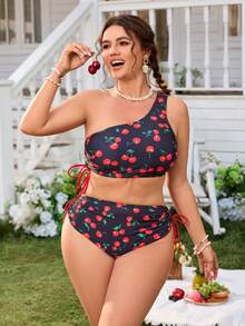 Swim Mod 2026新款加大码女式夏季沙滩度假樱桃印花泳衣上装，甜美性感抽绳收腰不对称肩带设计，甜美可爱加大码泳衣上装 - 黑色 - 查看 4