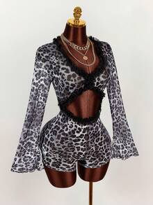 Amplova 女士复古豹纹透视低胸性感连体衣 - 深灰色 - 查看 9