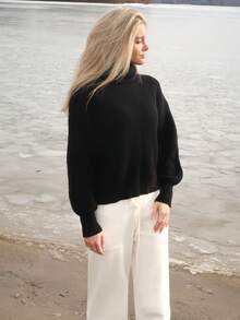 Sydney Algeri Rib-Knit Turtleneck Drop Shoulder Sweater,Long Sleeve Tops Knit Pullover Fall Winter Outfit - Black - View 6