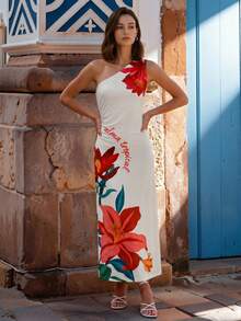 CAJUNI Vestido midi con estampado floral y hombros fruncidos de moda - Multicolor - Ver 1