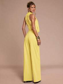 SHEIN BAE Women's Elegant Contrast Lace Halter Jumpsuit, Autumn - Yellow - View 2
