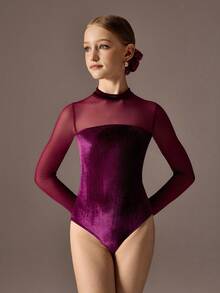 SHEIN Áo liền quần thể thao cho bé gái tuổi teen, phù hợp cho múa ba lê, đi học, tập luyện, tập thể dục và mặc thường ngày. Tay dài, chất liệu lưới thời trang, co giãn cao và thoải mái. - Màu tím hoa cà - Xem 4