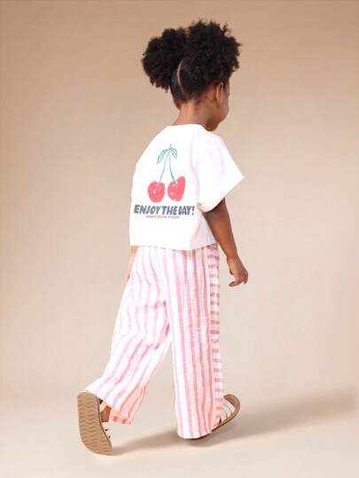  SUMWON Girls Cherry Print Short Sleeve T-Shirt And Striped Wide Leg Palazzo Pants Summer Two Piece Casual Coord Set For Valentine's Day Vacation