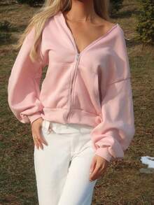 Sydney Algeri Áo hoodie lông cừu tay dài có khóa kéo cỡ lớn dễ thương cho mùa thu trở lại trường, trang phục thường ngày mùa thu, mùa đông, phong cách Boho, trang phục phương Tây dành cho nữ - Hồng - Xem 6