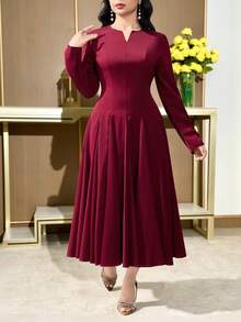 Feyla 女士纯色V领长袖褶皱设计优雅中长连衣裙 - 酒紅色 - 查看 6