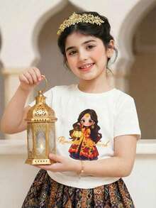 SHEIN Cartoon Girl Print Round Neck Short Sleeve Casual Versatile T-Shirt Young Girl Tops - White - View 1