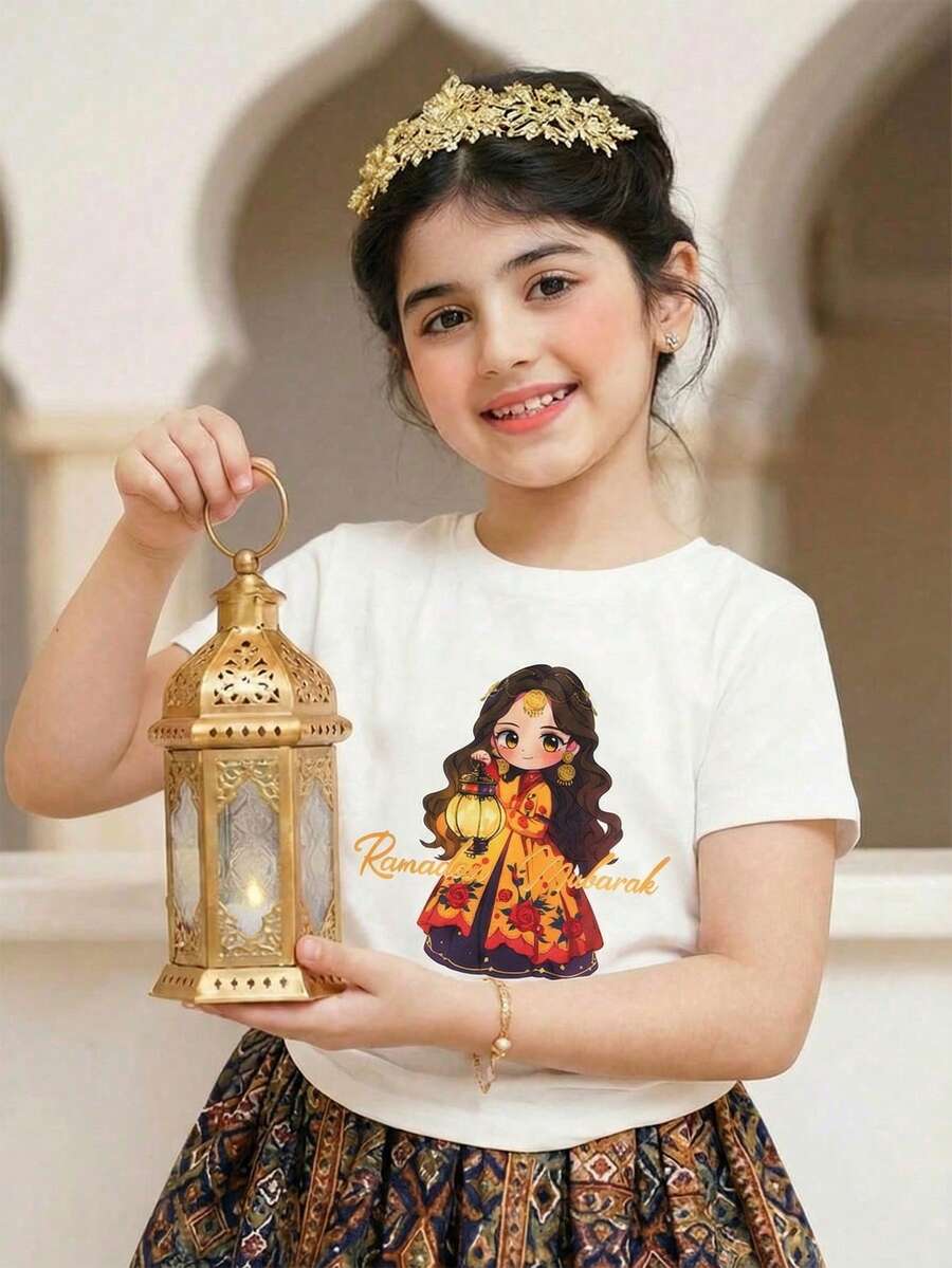 SHEIN Cartoon Girl Print Round Neck Short Sleeve Casual Versatile T-Shirt Young Girl Tops - White - View 1