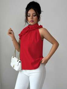 Balvessa Women's Solid Color Ruffle Pleated Halter Neck Blouse, Intellectual And Elegant - Red - View 4