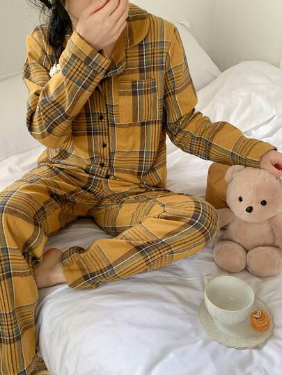 Teen GirlFashion Retro Plaid 2 Pieces Set, Brown Checkered Casual Comfortable Lapel Long Sleeve Top And Pants Loungewear Collar Neck Pajama Plaid Pajama Set Sleepwear Teen