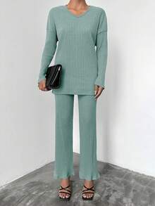 EURMUSE 2pcs Women Casual Commuting Solid Color Long Sleeve Top And Pants Set - Mint Green - View 2
