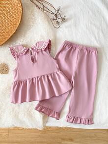 2pcs Baby Girls Elegant Gray-Pink Peter Pan Collar Apricot Ruffle Trim Sleeveless Top And Pants Casual Comfortable T-Shirt Set - Pink - View 2