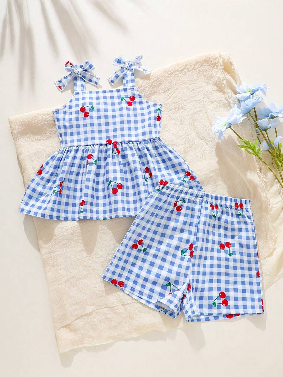 SHEIN 2件組女嬰新生兒0-3歲可愛度假風藍白條紋蝴蝶結裝飾吊帶上衣+短褲套裝 夏季櫻桃小女童套裝