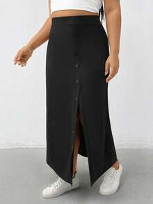 SHEIN Essnce 大码女装春夏时尚休闲弹力舒适日常百搭显瘦开衩黑色长裙，女装下装，春季简约风格黑色高开衩纽扣细节长裙，适合春季穿着 - 黑色 - 查看 3