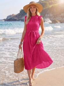 Sylviya Women's Flutter Sleeve Tie Waist Dress - Hot Pink - View 4