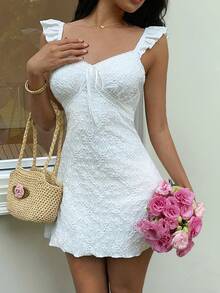 Sunnyshic Women's Sexy Low-Cut Lace Textured Floral Trim Elegant Romantic Date White Dress, Spring/Summer - White - View 1