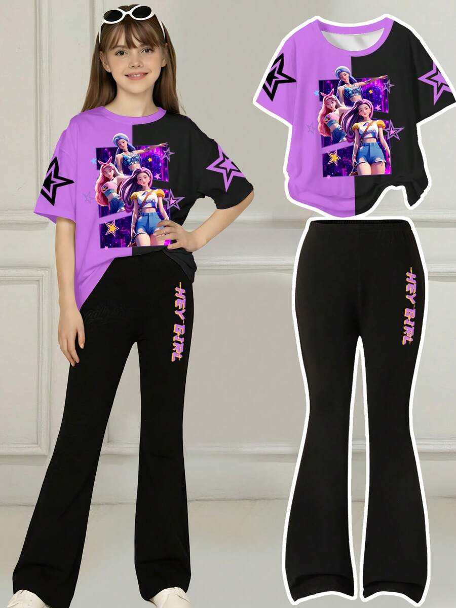 两件套女童休闲时尚T恤和喇叭裤套装，撞色设计印花，卡通图案，适合春、夏、秋季穿着，女童服装套装，适合11岁儿童，户外、休闲、返校、派对、礼物 - 彩色 - 查看 1