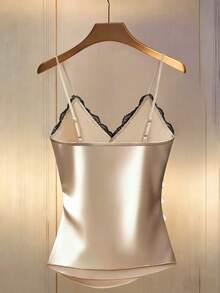 Franclia 女士新款蕾丝边V领修身吊带背心缎面上衣优雅真丝吊带背心蕾丝边上衣奢华上衣香槟色上衣缎面吊带真丝衬衫优雅上衣女士上衣缎面优雅真丝吊带背心女士优雅上衣 - 杏色 - 查看 2