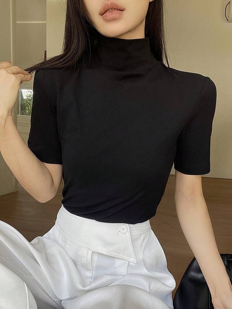 Women's Loose Casual Business Office Wear Black Turtleneck Short Sleeve T-Shirt, Suitable For Spring And Summer