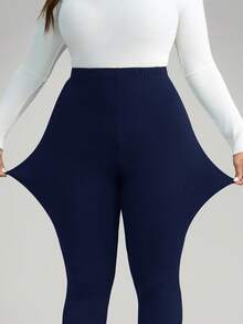 SHEIN CURVE+ Plus Size Women's Casual Solid Color Leggings, Versatile & Minimalist, Suitable For Work/Office, Gym, Autumn/Winter Thermal Tights - Navy Blue - View 8