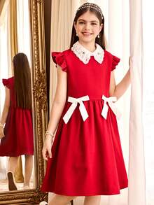 SHEIN Tween女孩休閒優雅紅白配色夏季派對A字洋裝，珠飾領口、短袖、蝴蝶結裝飾腰部，返校季Tween女孩梭織紅色洋裝 - 紅色 - 查看 9