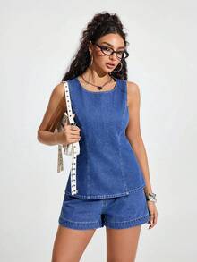 Jeanoix Women's Round Neck Backless Twist Denim Sleeveless Top - Blue - View 2