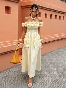 Selianne 可爱黄色荷叶边露肩收腰中长连衣裙 - 甜美优雅，适合度假、日常出行和聚会，女士春夏连衣裙 - 黃色 - 查看 5