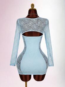 Amplova Women's Floral Lace Sweetheart Neck Long Sleeve Fitted Sexy Mini Dress - Blue - View 2