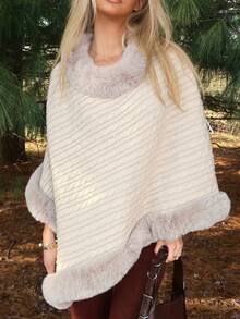 Sydney Algeri 高领毛绒边蝙蝠袖斗篷毛衣，长袖上衣 - 杏色 - 查看 3