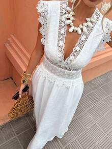 Selianne Women's Lace Patchwork V-Neck A-Line Dress, French Style Vacation Dress - White - View 1